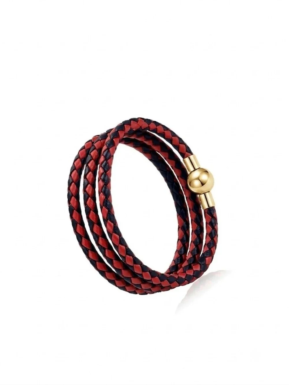Linx Triple Wrap Red & Black Leather Braided Cord Bracelet Gold Magnetic Clasp